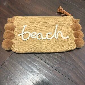 SHEIN Boho 'Beach' Straw Clutch Handwoven Summer Vacation Bag with Pom-Pom Trim